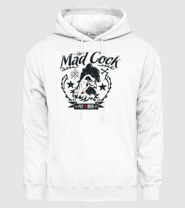 The Mad Cock model alb pe tricou