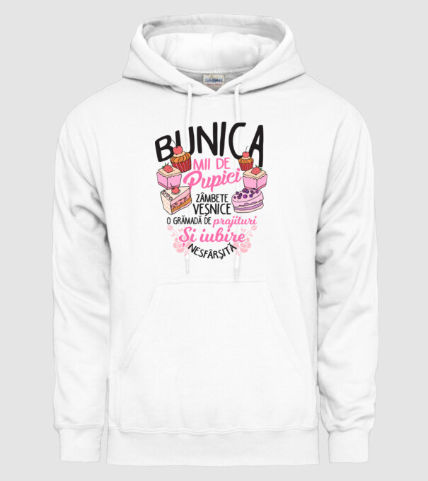 bunica - mii de pupici, zâmbete veșnice, o grămadă de prăjituri și iubire nesfârșită model alb pe tricou