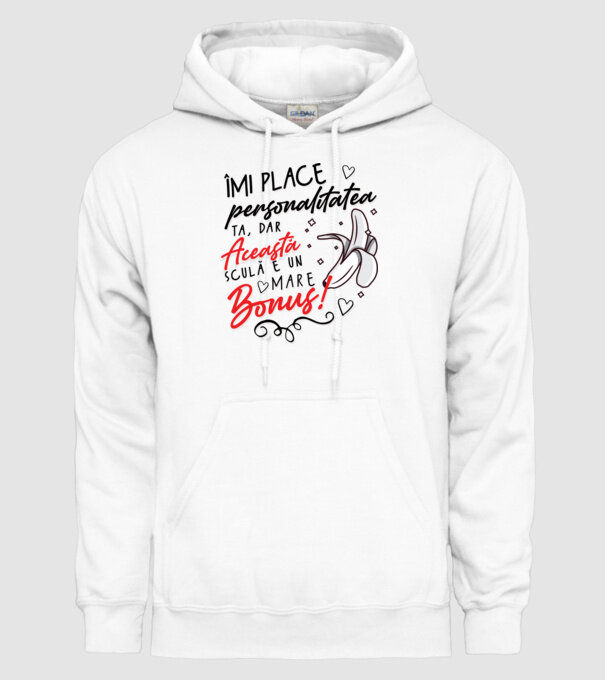 Dar această sculă e un mare bonus! model alb pe tricou