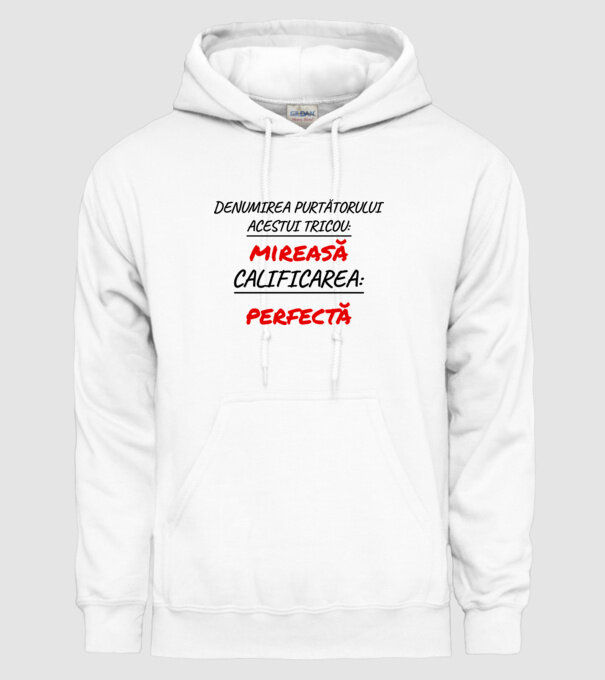 denumirea persoanei care poartă tricoul: mireasă - calificarea: perfectă model alb pe tricou