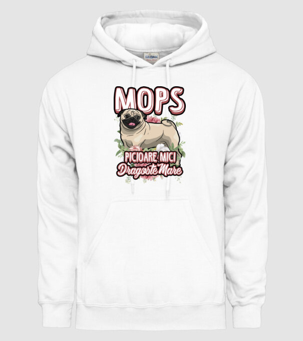 mops : picioare mici dragoste mare model alb pe tricou