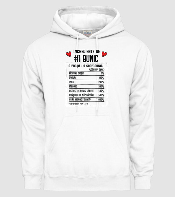 Ingrediente Bunic - o porție : un superbunic - %consum zilnic* răspuns greșit, sfaturi, umor, răbdare, instinct de bunic-ursuleț model alb pe tricou