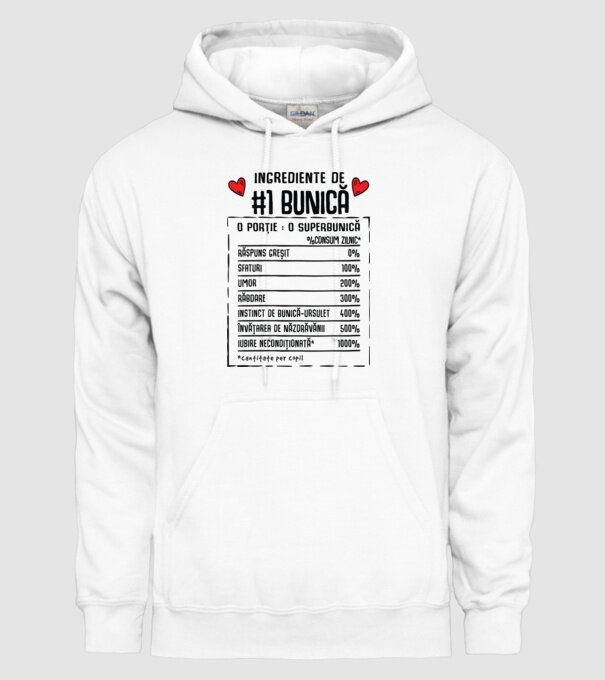 Ingrediente Bunică - o porție : o superbunică - %consum zilnic* răspuns greșit, sfaturi, umor, răbdare, instinct de bunică-ursul model alb pe tricou