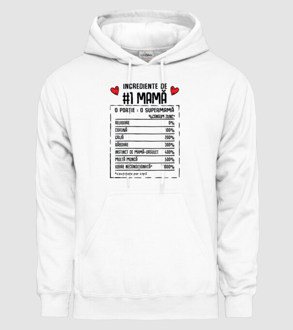 Ingrediente de Mamă - o porție : o supermamă - %consum zilnic* relaxare, cofeină, grijă, răbdare, instinct de mamă-ursuleț, mult model alb pe tricou