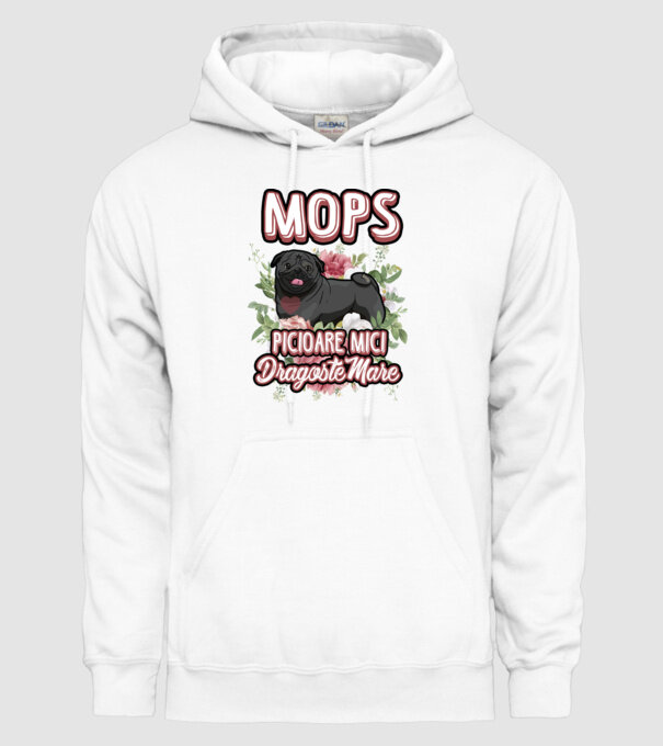 Mops negru picioare mici dragoste mare model alb pe tricou