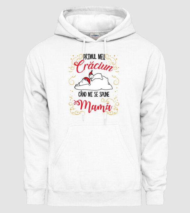 Primul meu Crăciun când mi se spune mamă! model alb pe tricou