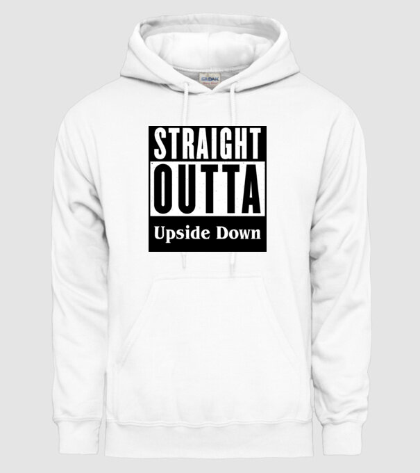 straight outta upside down model alb pe tricou