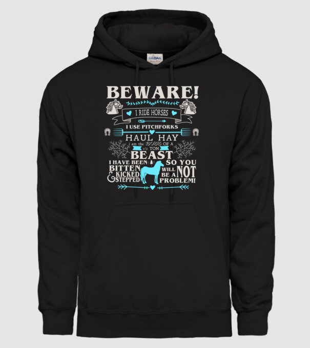 Beware i ride horses model negru pe tricou