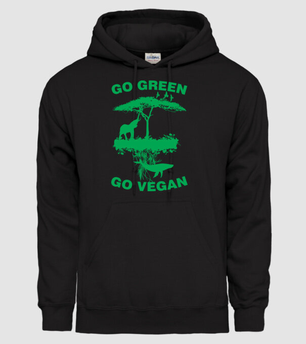 go green go vegan model negru pe tricou