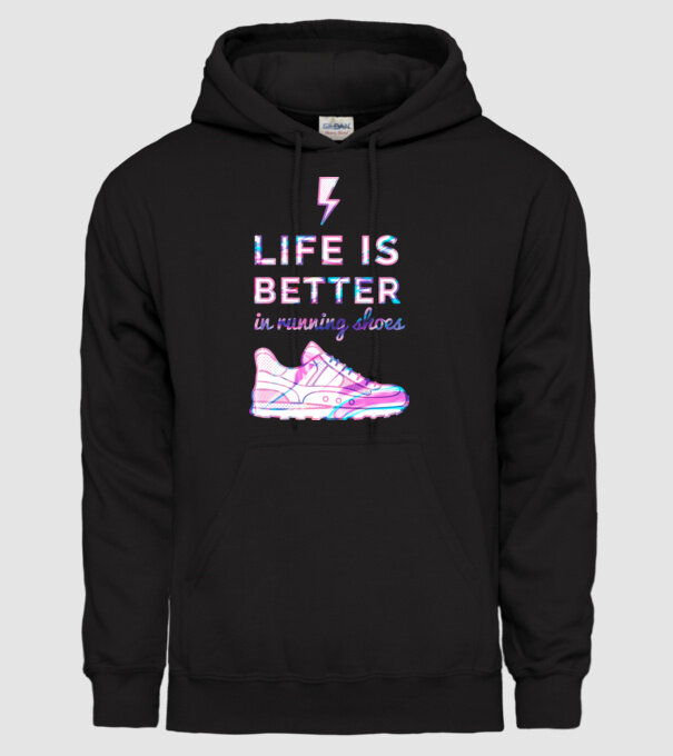 Life is better running shoes HOLO model negru pe tricou