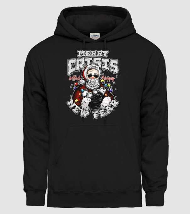Merry Crisis and Happy New Fear model negru pe tricou