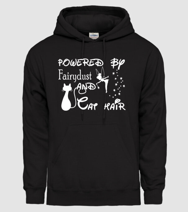 Powered by fairydust and cat hair model negru pe tricou