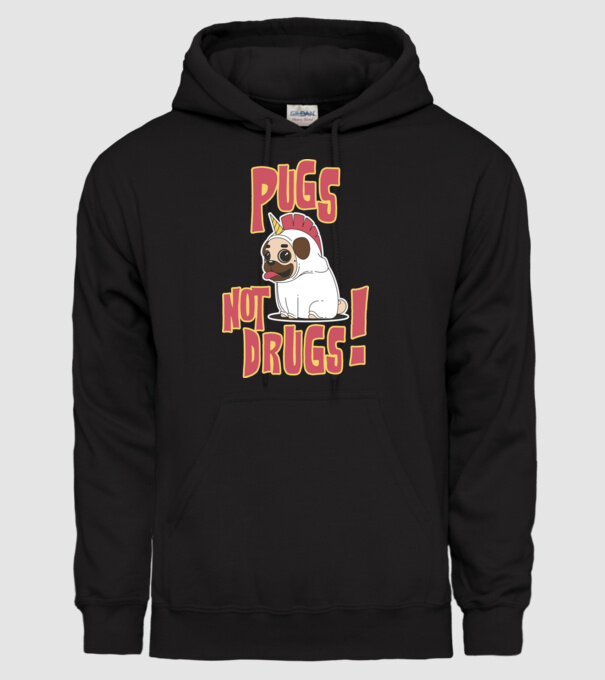 Pugs not drugs model negru pe tricou
