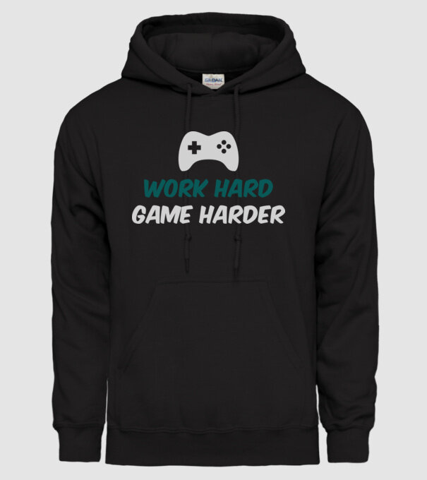 Work hard, game harder model negru pe tricou