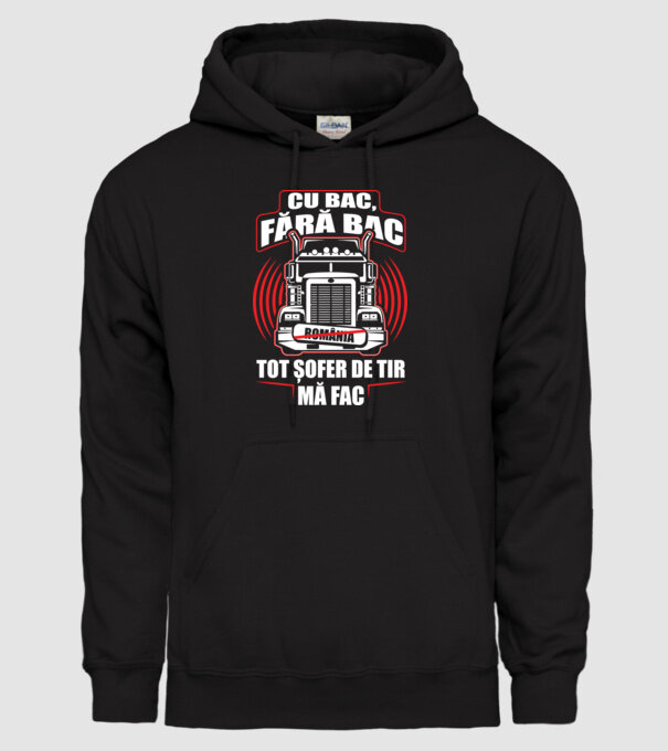 Cu bac, fără bac, tot șofer de tir mă fac model negru pe tricou