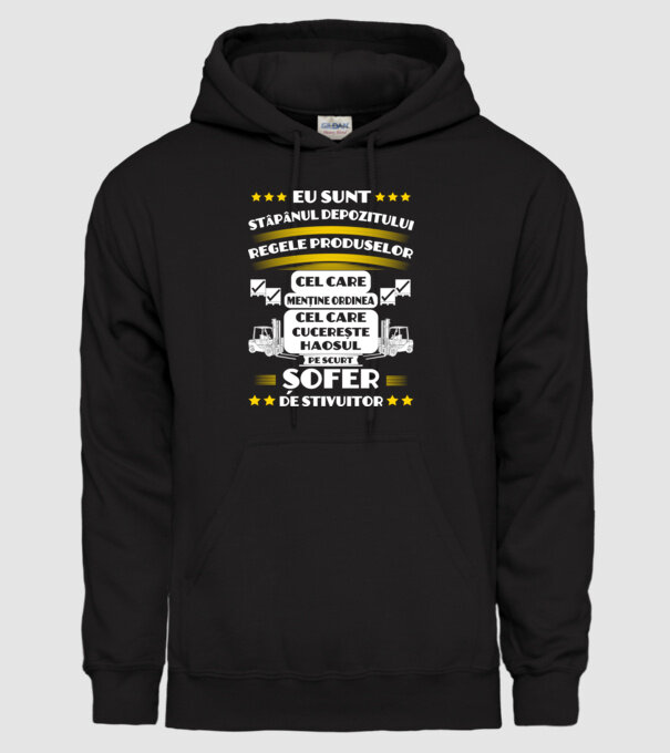 eu sunt stăpânul depozitului, regele produselor, cel care menține ordinea, cel care cucerește haosul, pe scurt, șofer de stivuit model negru pe tricou