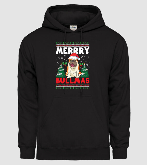 Merry bullmas ugly sweater model negru pe tricou