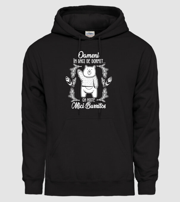 oameni în saci de dormit... ca niște mici burritos model negru pe tricou