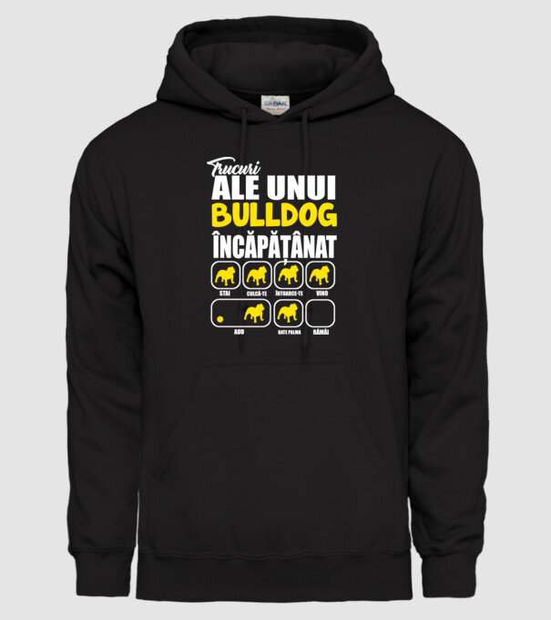 trucuri ale unui bulldog englezesc încăpățânat stai, culcă-te, întoarce-te, vino, adu, bate palma, rămâi model negru pe tricou