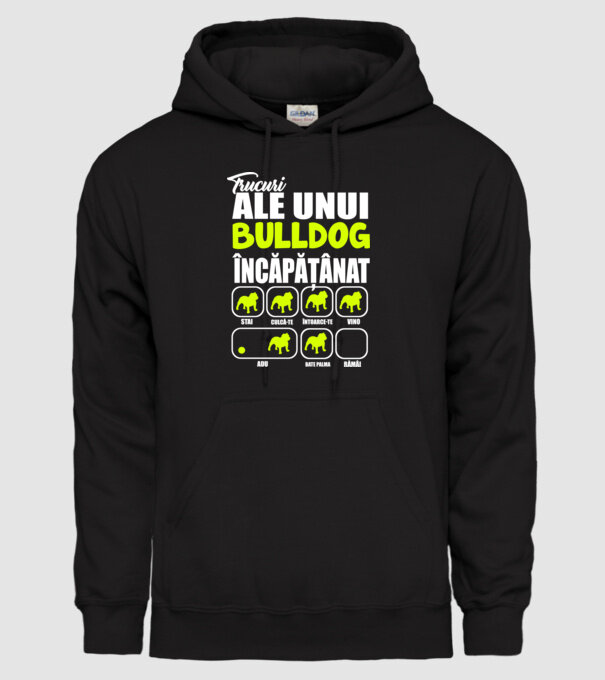 trucuri ale unui bulldog englezesc încăpățânat stai, culcă-te, întoarce-te, vino, adu, bate palma, rămâi model negru pe tricou
