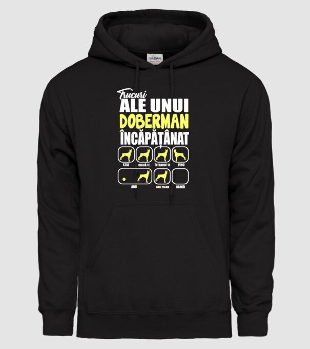 trucuri ale unui doberman încăpățânat stai, culcă-te, întoarce-te, vino, adu, bate palma, rămâi model negru pe tricou