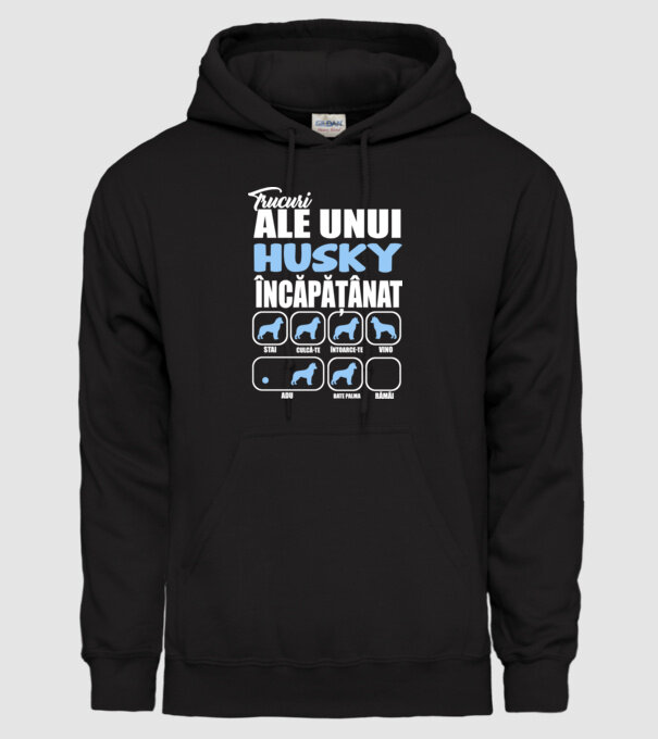 trucuri ale unui husky încăpățânat stai, culcă-te, întoarce-te, vino, adu, bate palma, rămâi model negru pe tricou