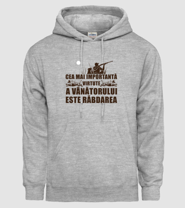 cea mai importantă virtute a vânătorului este răbdarea model gri pe tricou