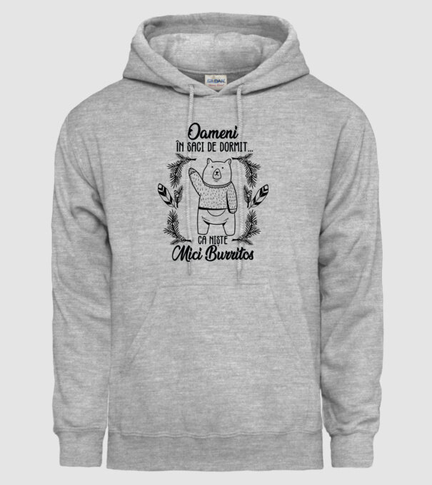 oameni în saci de dormit... ca niște mici burritos model gri pe tricou