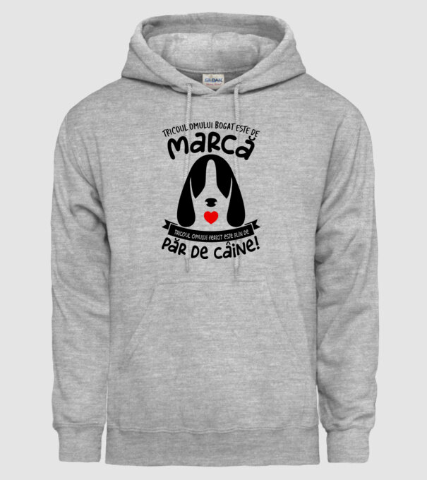 tricoul omului bogat este de marcă, tricoul omului fericit este plin de păr de câine model gri pe tricou