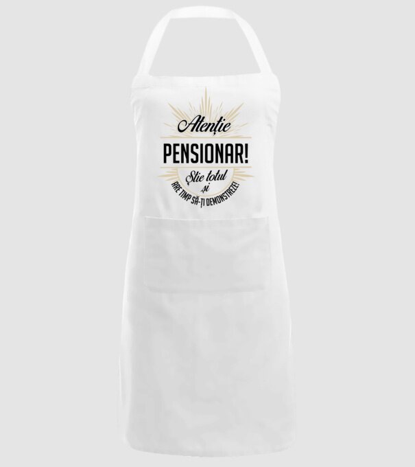 Atenție pensionar! Știe totul și are timp să-ți demonstreze! model alb pe tricou