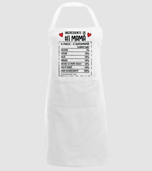 Ingrediente de Mamă - o porție : o supermamă - %consum zilnic* relaxare, cofeină, grijă, răbdare, instinct de mamă-ursuleț, mult model alb pe tricou