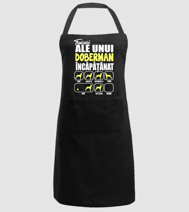 trucuri ale unui doberman încăpățânat stai, culcă-te, întoarce-te, vino, adu, bate palma, rămâi model negru pe tricou