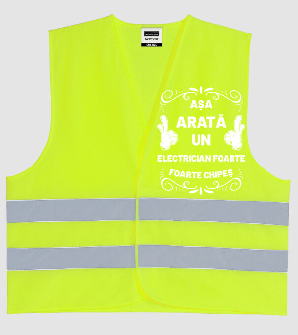 Așa arată un electrician foarte chipeș model galben neon pe tricou