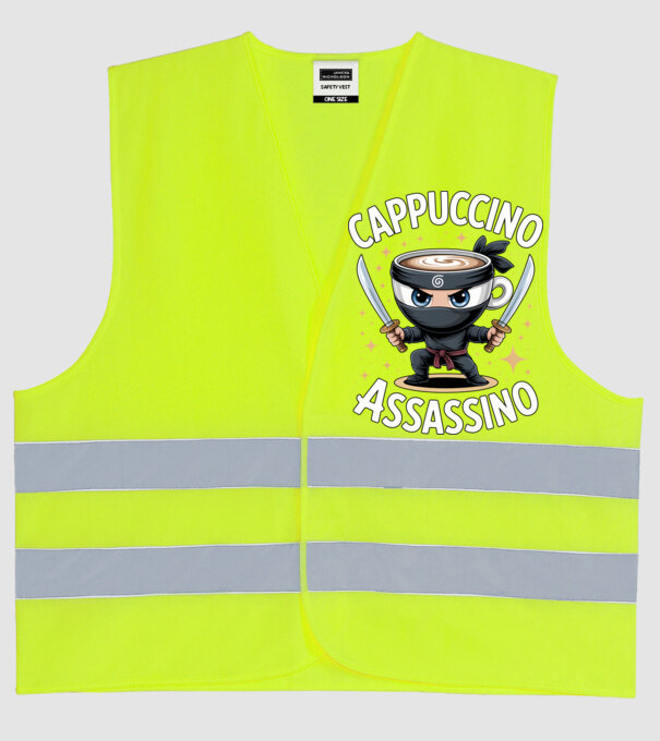 Cappuccino Assassino model galben neon pe tricou