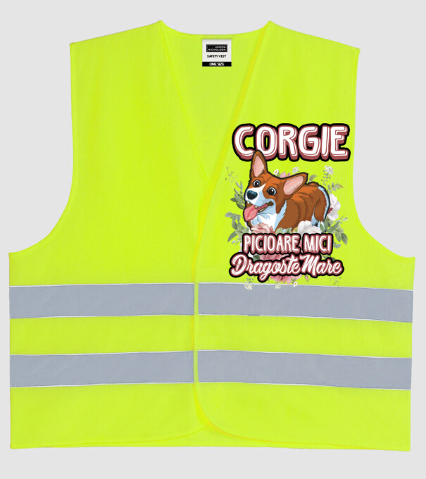 corgie : picioare mici dragoste mare model galben neon pe tricou