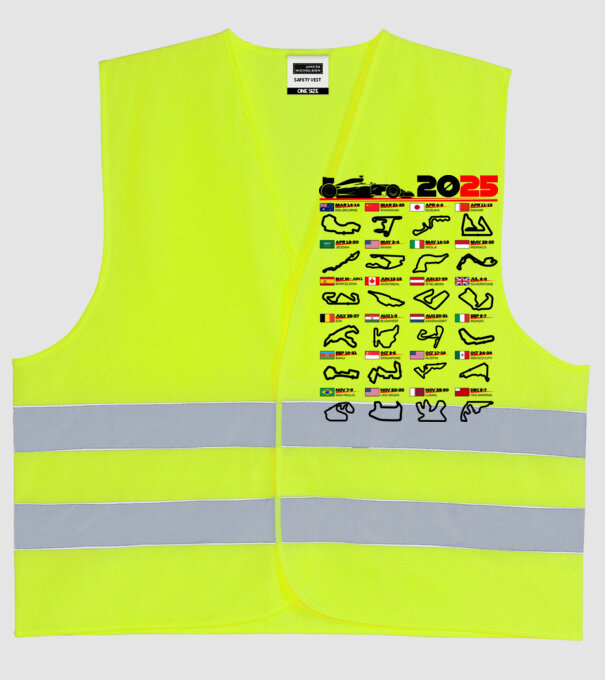 F1 calendar 2025 model galben neon pe tricou