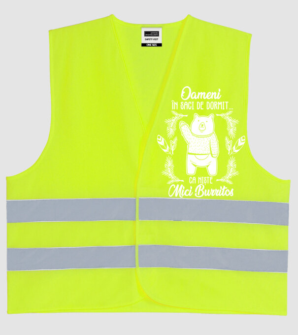 oameni în saci de dormit... ca niște mici burritos model galben neon pe tricou