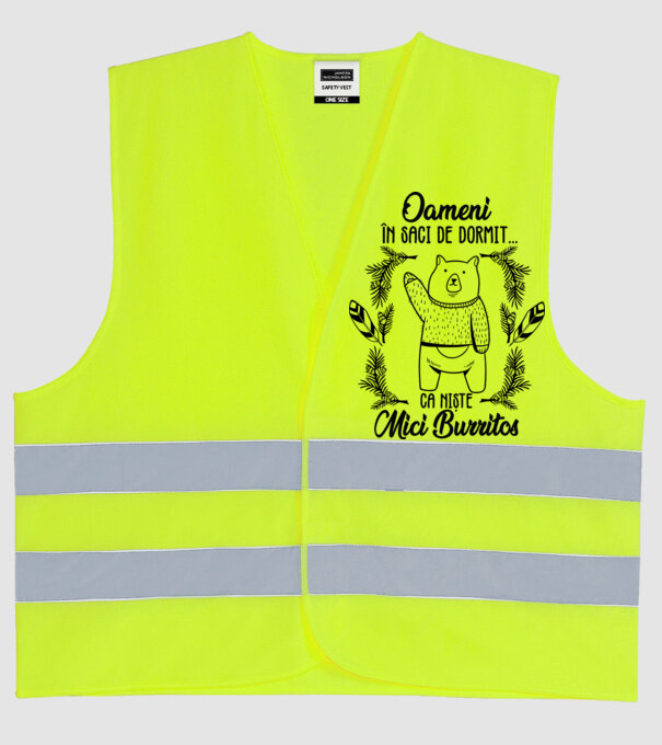 oameni în saci de dormit... ca niște mici burritos model galben neon pe tricou