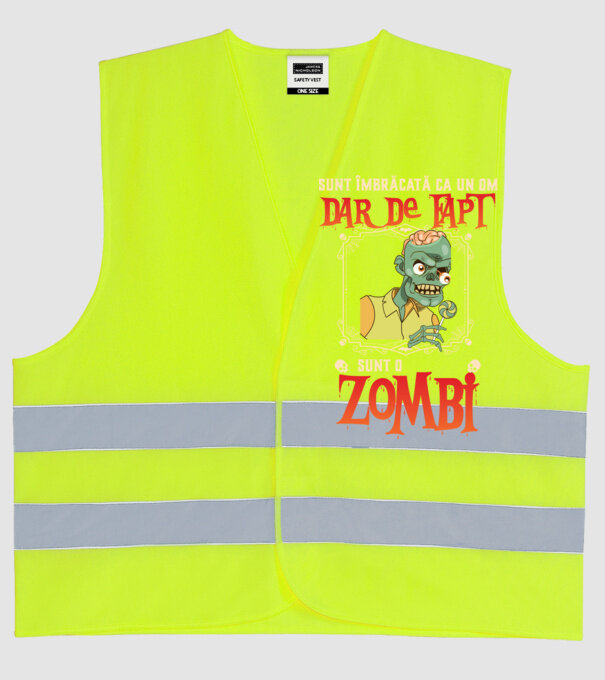 sunt îmbrăcat ca un om, dar de fapt sunt un zombi model galben neon pe tricou