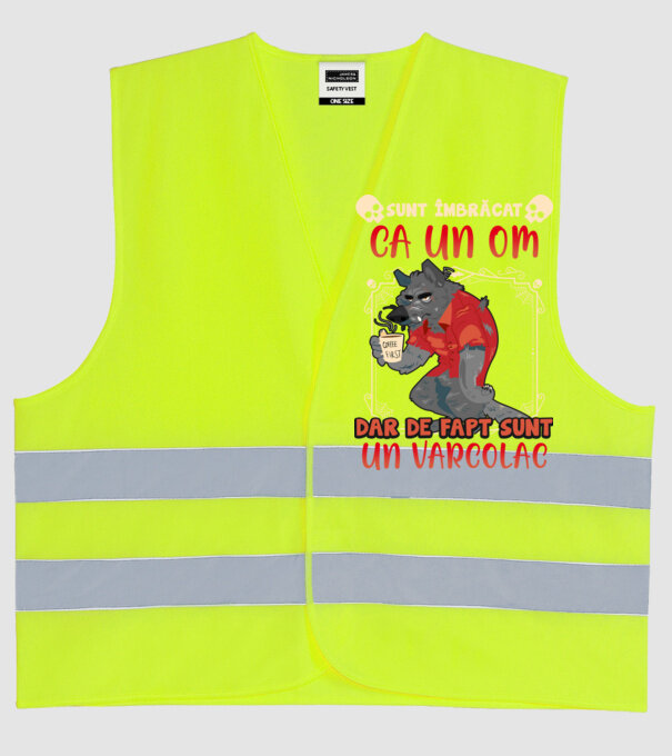 sunt îmbrăcat ca un om, dar de fapt sunt un vârcolac model galben neon pe tricou