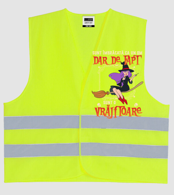 sunt îmbrăcată ca un om, dar de fapt sunt o vrăjitoare model galben neon pe tricou
