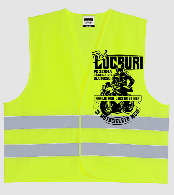 trei lucruri pe seama cărora nu glumesc: familia mea, libertatea mea și motocicleta mea model galben neon pe tricou