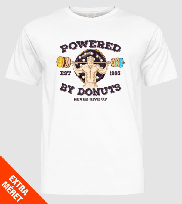 Powered by donuts model alb pe tricou