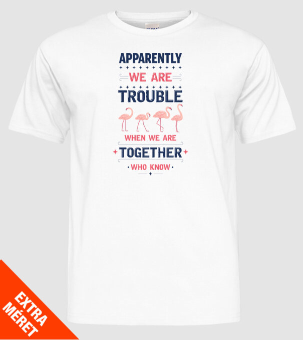 Trouble together flamingos model alb pe tricou