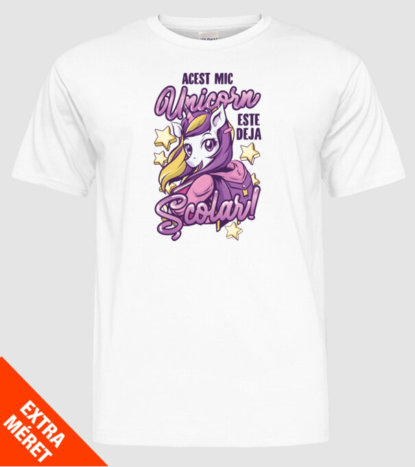 Acest mic unicorn este deja școlar model alb pe tricou