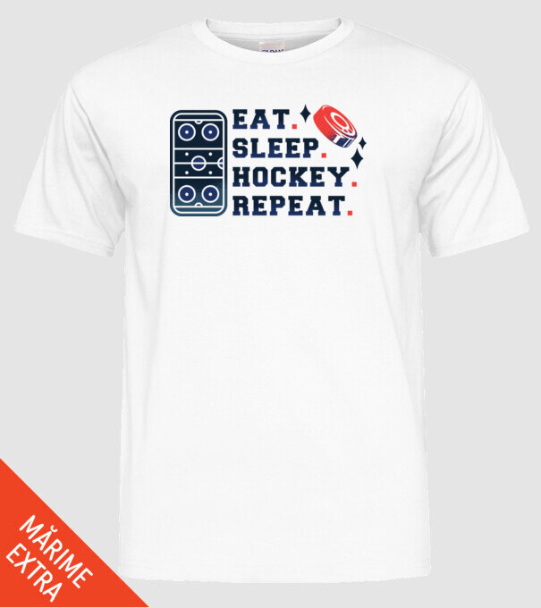 Eat Sleep Hockey Repeat model alb pe tricou