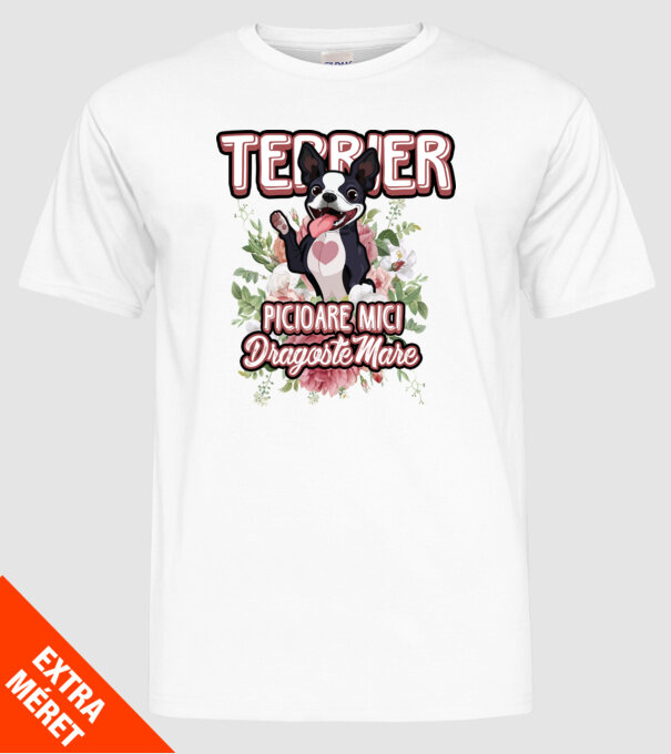terrier : picioare mici dragoste mare model alb pe tricou
