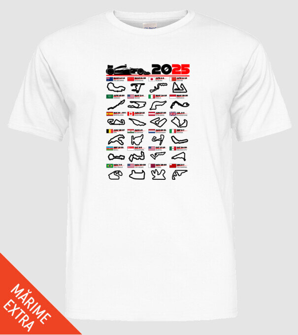 F1 calendar 2025 model alb pe tricou
