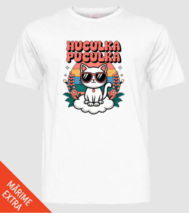 Huculka Puculka pisică 1 model alb pe tricou