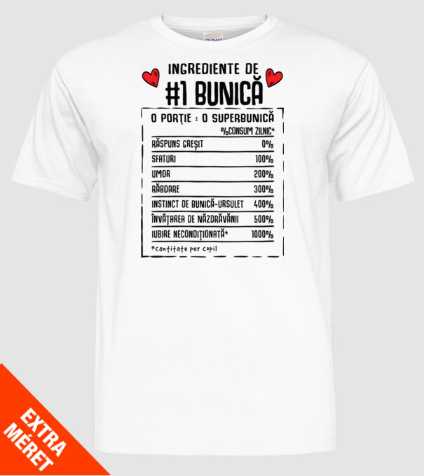 Ingrediente Bunică - o porție : o superbunică - %consum zilnic* răspuns greșit, sfaturi, umor, răbdare, instinct de bunică-ursul model alb pe tricou